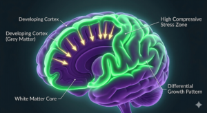 Brain Cortex Folding Alt Text: A 3D biomedical illustration showing a cross-section of a developing human brain, rendered with a high-tech, glowing aesthetic. The outer layer, labeled 'Developing Cortex (Grey Matter)', is highlighted in vibrant luminescent green and is shown growing rapidly, significantly expanding outward. The inner layers, labeled 'White Matter Core', are static and colored deep purple. Large, stylized mechanical stress arrows depict intense compressive forces building up between the rapidly expanding cortex and the resistant inner core. The illustration captures the moment the cortical layer responds to this stress by buckling and folding inwards, creating complex grooves (sulci) and ridges (gyri). Modern, white sans-serif labels point to 'High Compressive Stress Zone' and 'Differential Growth Pattern' 