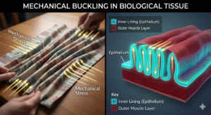 Mechanical Buckling in Biological Tissue Alt Text: A scientific split-screen diagram illustrating biomechanical buckling. The left side is a photograph of a patterned textile tablecloth on a wooden table, being compressed from opposite ends and creating parallel wrinkles. The right side is a stylized 3D cross-section illustration of developing gut tissue, with labeled layers for 'Inner Lining (Epithelium)' (glowing blue-green) and 'Outer Muscle Layer' (dark red). Glowing yellow stress vectors are overlaid on both panels, visually connecting the principle that mechanical stress compresses both the tablecloth and the gut epithelium, forcing the tissue to buckle into precise, uniform folds that will become gut villi. The entire image has a clean, diagrammatic quality, using contrasting, vibrant biological colors, with the text "MECHANICAL BUCKLING IN BIOLOGICAL TISSUE" centered at the top. ________________________________________ 