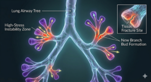 Controlled Fracture in Living Tissue Alt Text: A close-up, high-definition macro 3D render in a glowing biomechanical aesthetic. The subject is a dynamic, thin epithelial tissue sheet that behaves like a translucent, highly elastic membrane, shown stretched taut against a dark, slightly textured background. Mechanical forces, indicated by large, stylized arrows and vectors, pull the sheet outward from multiple points. At the exact center of maximum tension, a precise, microscopic fracture point glows with intense, concentrated cyan and orange energy, signifying localized material separation. Surrounding biological cells within the sheet are visible and shown dynamically reorganizing, shifting, and elongating to control the localized failure. Labels point to 'Maximum Tension Zone', 'Controlled Tissue Fracture', and 'Cellular Reorganization' 