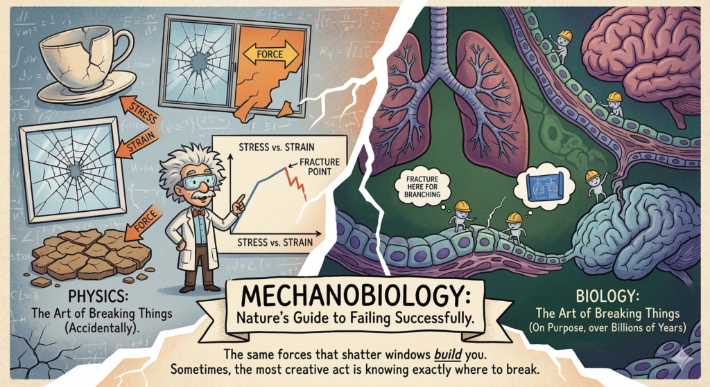 A cartoon-style educational illustration split down the middle by a jagged white crack, comparing how physics and biology handle mechanical stress. • Left Side (Physics): Titled "PHYSICS: The Art of Breaking Things (Accidentally)." It features a chalkboard background with equations, alongside images of a broken teacup, a shattered window, and cracked earth, with orange arrows labeling "FORCE," "STRESS," and "STRAIN." A cartoon scientist resembling Albert Einstein points to a "STRESS vs. STRAIN" graph highlighting a sudden drop labeled "FRACTURE POINT." • Right Side (Biology): Titled "BIOLOGY: The Art of Breaking Things (On Purpose, over Billions of Years)." It shows large biological structures, including lungs and a brain. Tiny cartoon cells wearing construction hard hats are actively working on a curving cellular layer. One group looks at a blueprint of lungs with a thought bubble reading "FRACTURE HERE FOR BRANCHING" as they initiate a controlled microscopic break in the tissue. • Center/Bottom: A central banner across the crack reads "MECHANOBIOLOGY: Nature's Guide to Failing Successfully." A caption at the very bottom concludes, "The same forces that shatter windows build you. Sometimes, the most creative act is knowing exactly where to break."